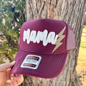 Mama Patch Trucker Hat with Gold Bling Lightening Bolt | Maroon Otto Trucker Hat for Women | Mama Accessories | Mama Snapback | Women&#39;s Hats