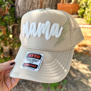 Mama Patch Trucker Hat with Gold Bling Lightening Bolt | Beige Otto Trucker Hat for Women | Mama Accessories | Mama Snapback | Women&#39;s Hats