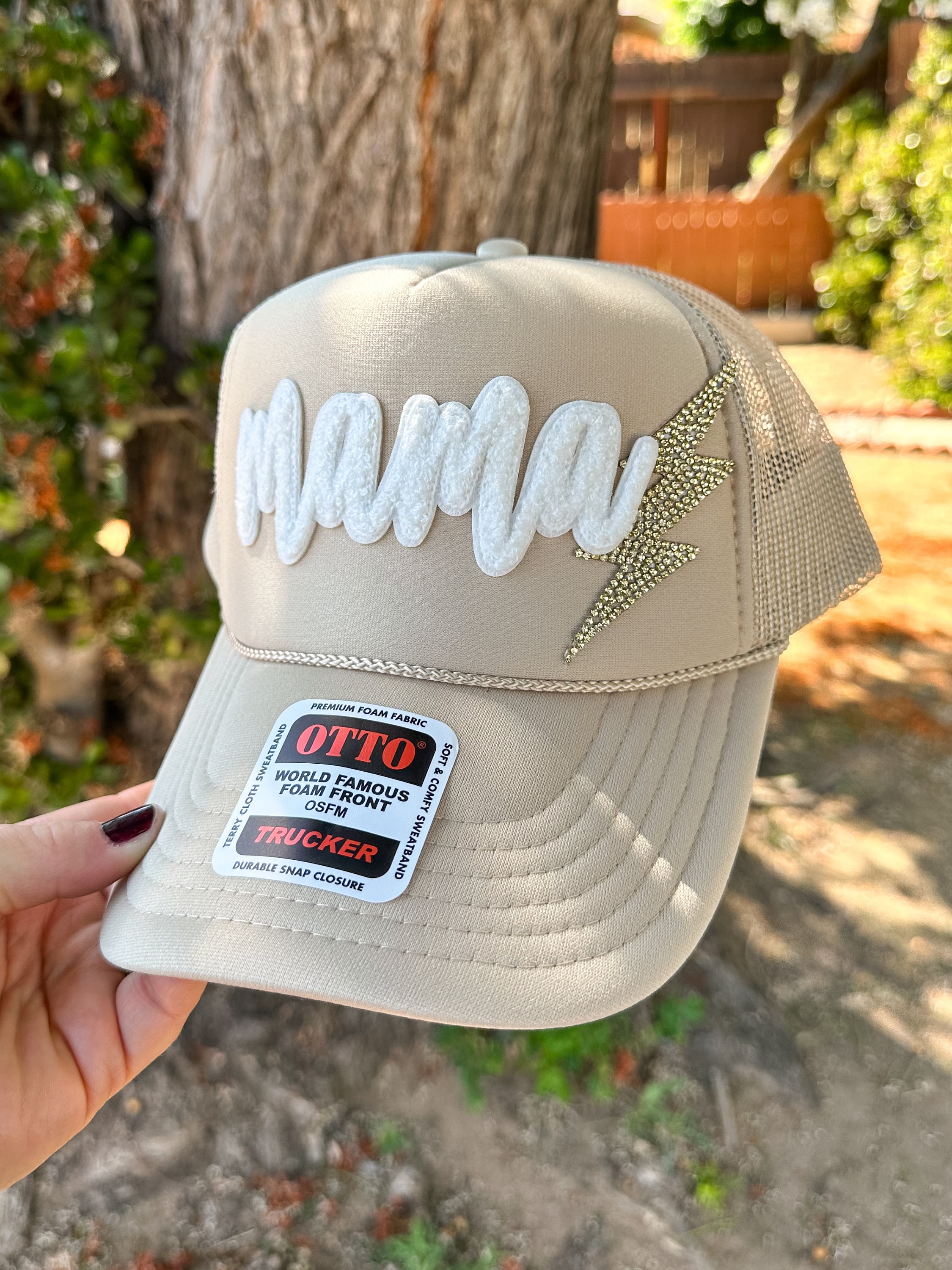 Mama Patch Trucker Hat With Gold Bling Lightening Bolt 
