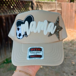 Soccer Mama Khaki Patch Trucker Hat | Hats for Soccer Moms | Soccer Sports Accessories for Women