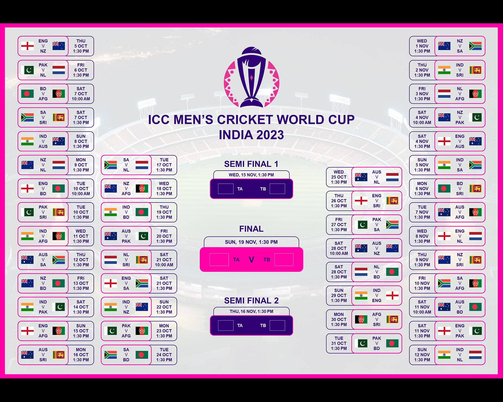 Cricket World Cup Schedule India 2023 Cricket India 2023 Etsy Canada