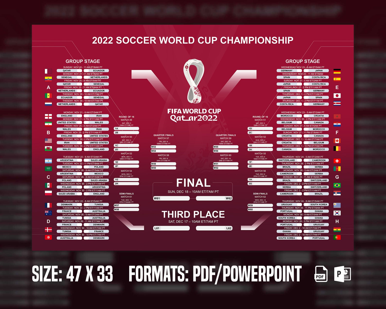 World Cup 2022 Schedule FIFA World Cup QATAR 2022 Schedule Etsy