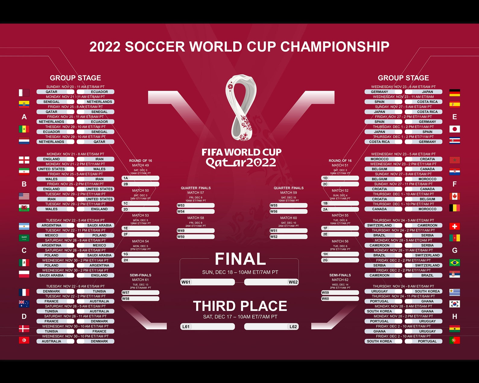 World Cup 2022 Schedule FIFA World Cup QATAR 2022 Schedule Etsy