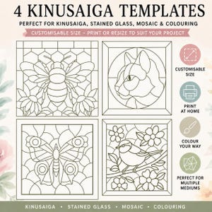 Pode incluir: Quatro modelos Kinusaiga com desenhos de linhas a preto e branco de uma abelha, um gato, uma borboleta e um pássaro num ramo. O texto diz 4 KINUSAIGA TEMPLATES, CUSTOMISABLE SIZE, PRINT AT HOME, COLOUR YOUR WAY e MULTIPLE MEDIUMS.