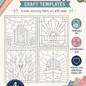 May include: A digital set of 4 Kinusaiga craft templates featuring black and white line art designs of a garden shed, an art deco pattern, a peacock, and a boat. The document includes text labels for printable PDF, customizable size, and instant download.
