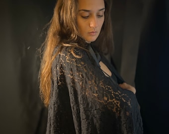Black Lace Cape with Satin Ribbon Gothic Victorian Funeral Cape Shawl