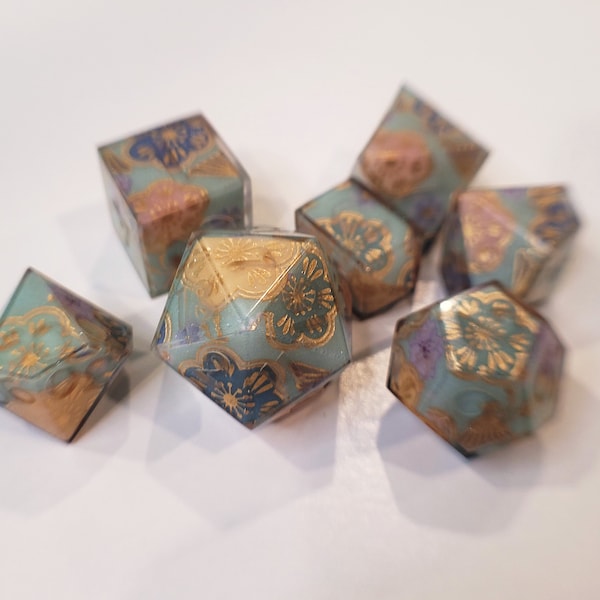 Serenity 7 piece sharp edge polyhedral dice set.