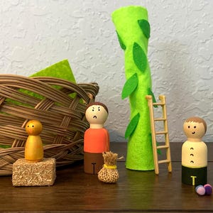 Jack and the Beanstalk literacy basket/ Montessori Treasure basket with peg dolls and small world play materials