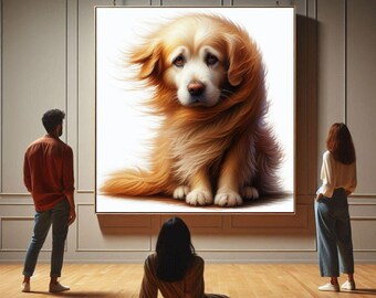 May include: A painting of a golden retriever dog with its fur blowing in the wind. The dog is sitting and looking at the viewer with a sad expression.