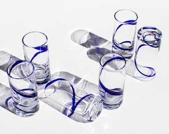 Vintage Home Essentials | Hand Blown | Swirl Blue | Cordial or Shot Glasses | Set of 6 | Made in China