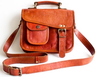 Vintage 1960's Leather Messenger Cross-body Purse or Handbag | Cognac Color