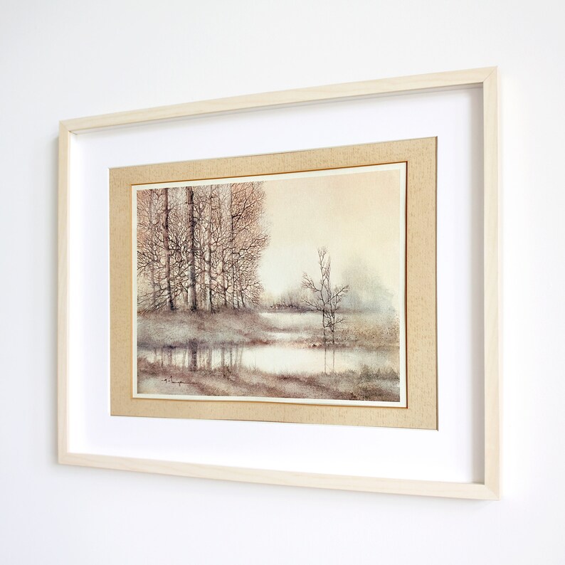 Vintage Print Signed by Artist A. Maugeri Brughiera d'inverno Moody Winter Landscape Painting Framed Modern Mid Century Decor image 2