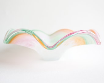 Vintage Hand Blown Bowl or Dish | Rainbow Confetti Murano Style Art Glass | Round Ruffle Edge