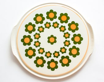 Vintage 70's Herbolzheim West Germany | Hand Thrown Ceramic | Porcelain Cake Plate or Platter | Cream with Green and Orange Daisy Print