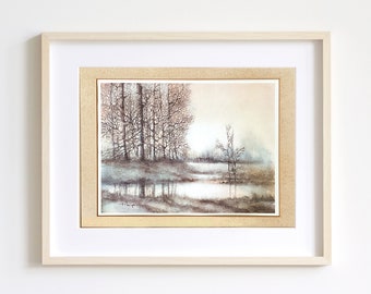 Vintage Print Signed by Artist A. Maugeri | Brughiera d'inverno | Moody Winter Landscape Painting | Framed Modern Mid Century Decor