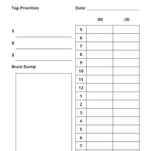 May include: A printable daily planner with sections for top priorities and a brain dump. The planner has a time grid from 00:00 to 12:00.