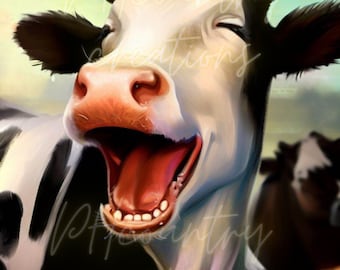 Laughing Cows Prints, Funny Farm Cows, Smiling Cow, Happy Heifer