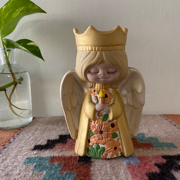 Vintage Hand Painted MidCentury Modern Floral Yellow Gold Angel Votive