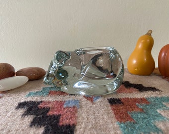 Vintage Indiana Glass Crystal Curled Up Sleeping Cat Heavy Votive