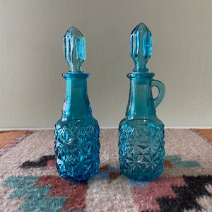 Indiana Glass Cobalt Blue Oil Vinegar Mini Cruet Apothecary Jars with Stopper and Handle image 1