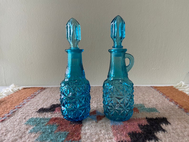 Indiana Glass Cobalt Blue Oil Vinegar Mini Cruet Apothecary Jars with Stopper and Handle image 1