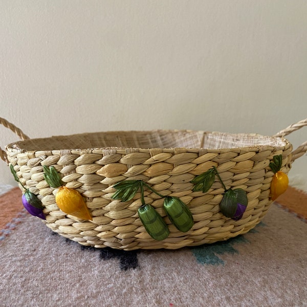 Vintage Woven Raffia Straw Dinner Roll Basket Bowl Handles Veggies