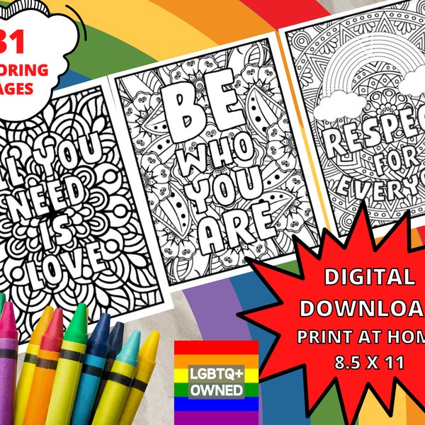 Pride Coloring Pages - Digital Download LGBTQ Coloring Book - 31 Coloring Pages in PDF Form