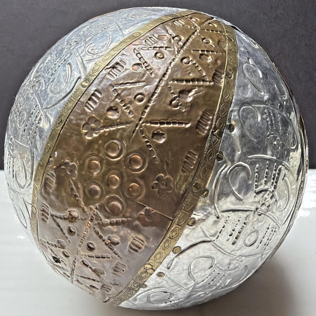 Wrapped Sphere Vtg Mixed Metal Wrapped Sphere Orb Hand Tooled Design Ornate Ball Brass ...