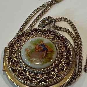 Victorian Fragonard Gold Tone Metal Locket Filigree Porcelain Locket Chain