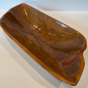 Vintage Hand Carved Wood Bowl Polished Geometric Display Grain Large Oblong