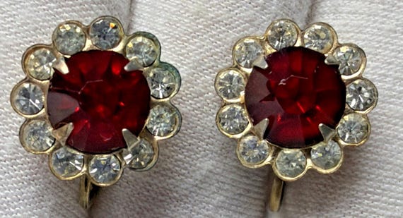 Vtg Ruby Red Clear Rhinestone Flower Cluster Halo… - image 15