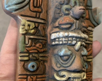 Vintage Aztec Mayan Clay Terra Cotta Figural Totem Incense Holder