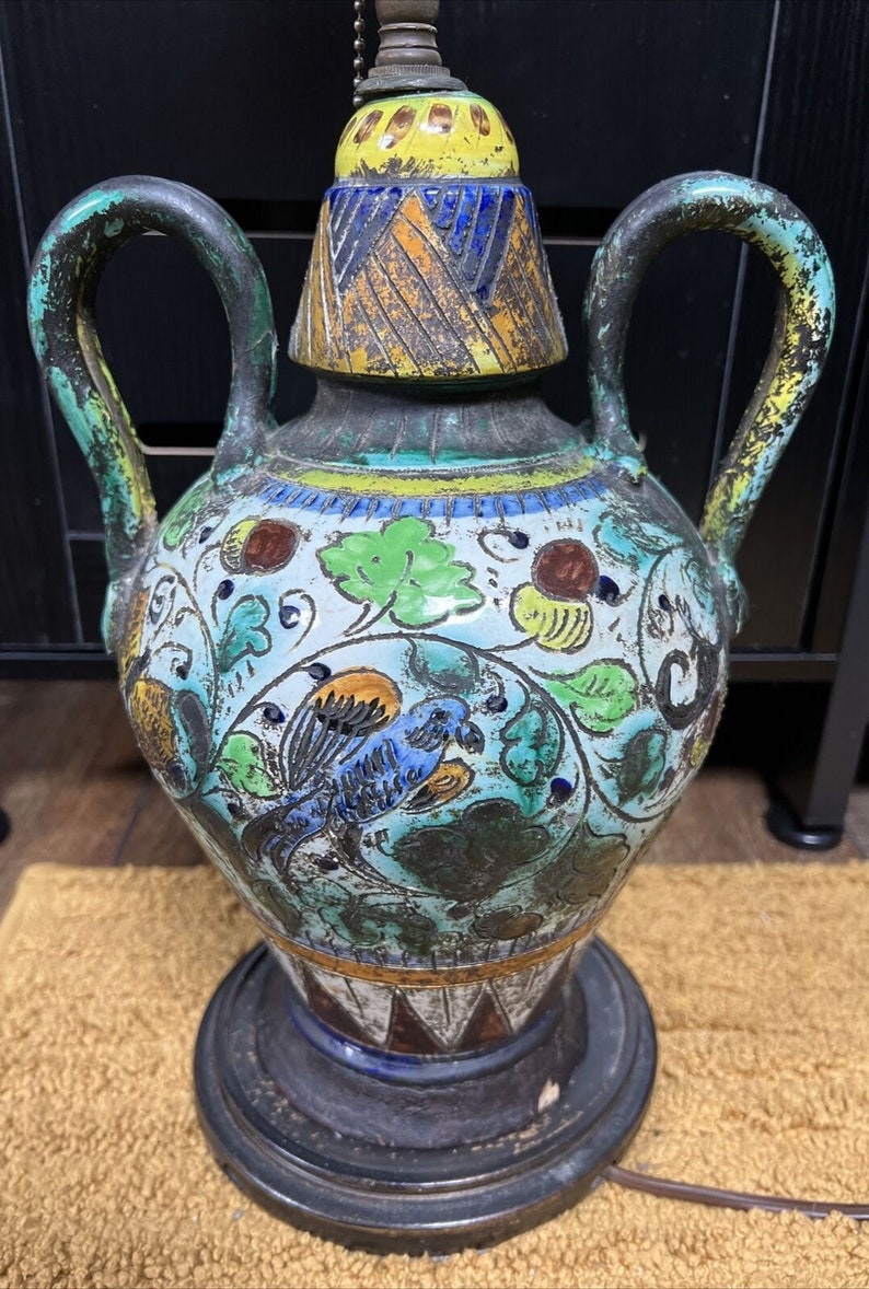 Old Metal Enamel Painted Porcelain Champleve Base Amphora Handles Lamp ...