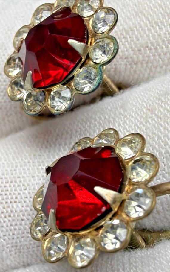 Vtg Ruby Red Clear Rhinestone Flower Cluster Halo… - image 14