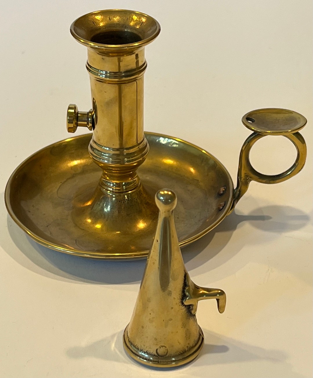 Antique Brass Candle Holder Snuffer Chamber Lever Finger Loop Etsy