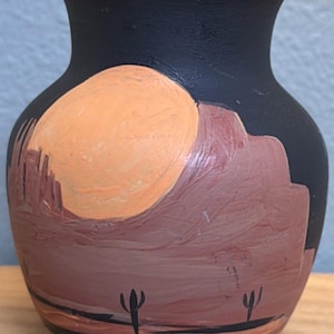 Vintage Hand Painted Black Cherokee Pottery Vase Signed Little Hawk