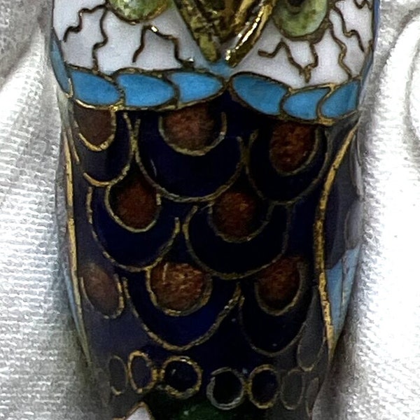 Vintage Cloisonne Enamel Barn Owl Tall Thimble Metal Porcelain Black Figurine