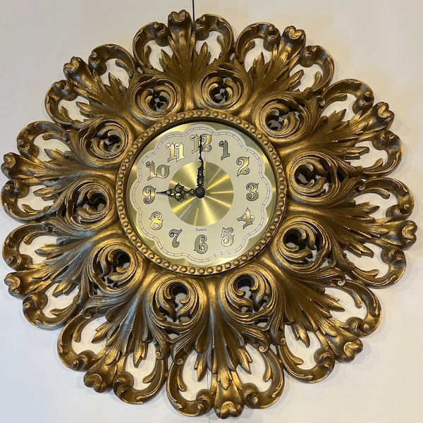 MCM Hollywood Regency Burwood Ornate Sun Starburst Clock Gold Ornate USA READ