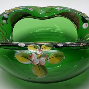 Vintage Czech Bohemian Green Glass Enameled Ashtray Floral Gold