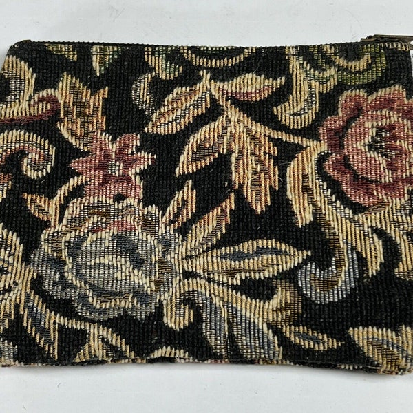 Vintage Tapestry Purse Coin Make-Up Clutch Floral Paisley Black Lined