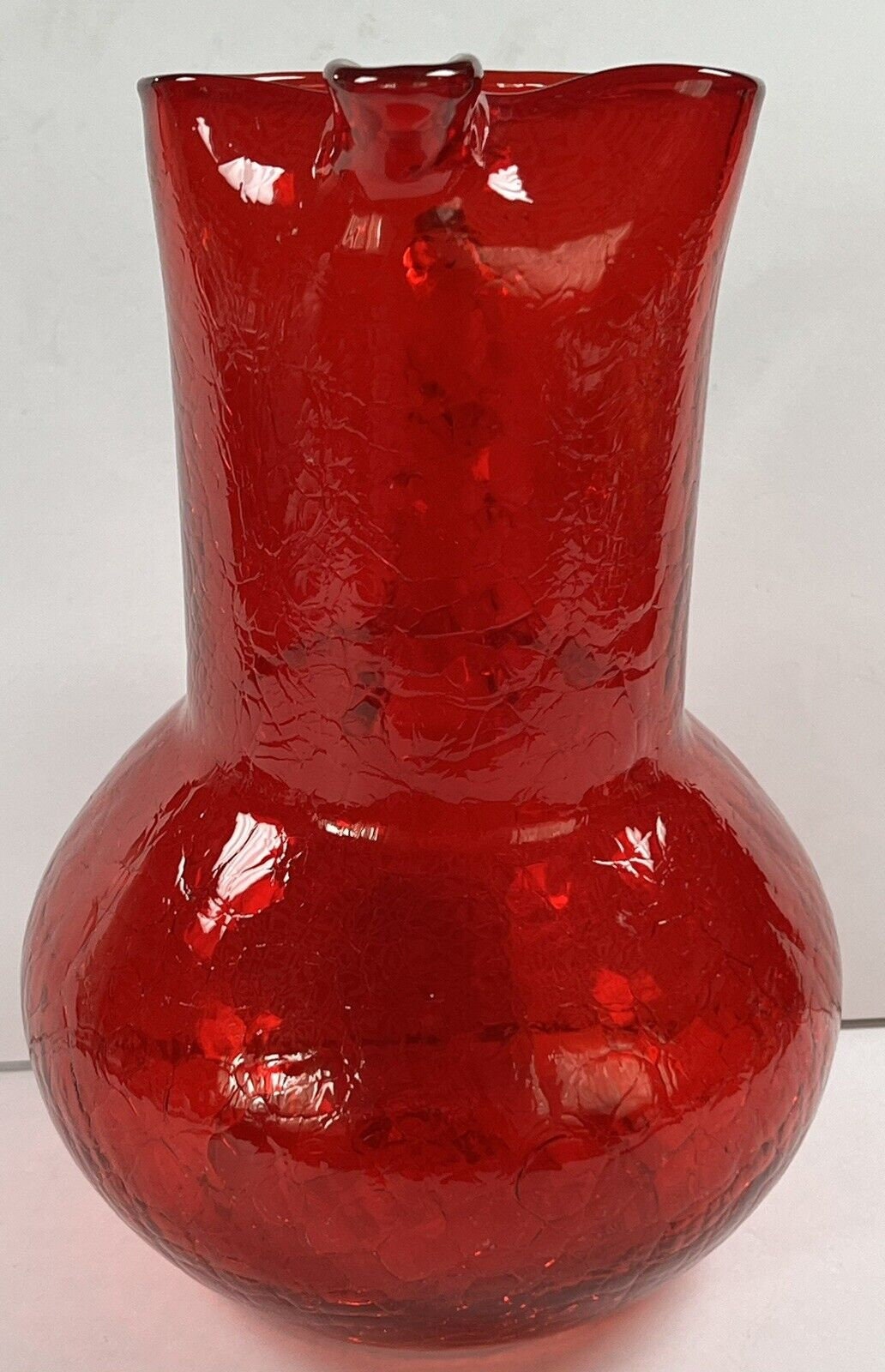 MCM Bischoff Glass Ruby Red Crackle Glass Pitcher Pinched