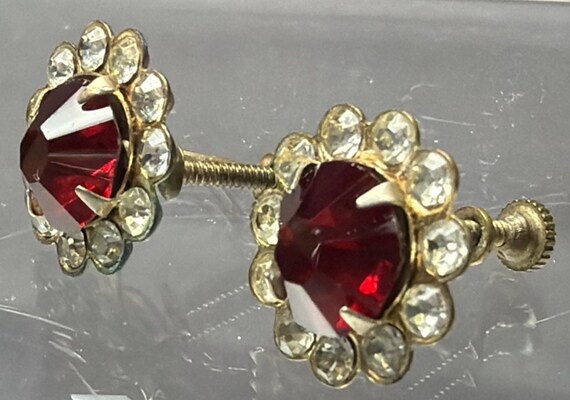 Vtg Ruby Red Clear Rhinestone Flower Cluster Halo… - image 2