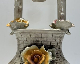 Old Tipo Capodimonte Porcelain Large Wishing Well Floral Roses Large Italy READ