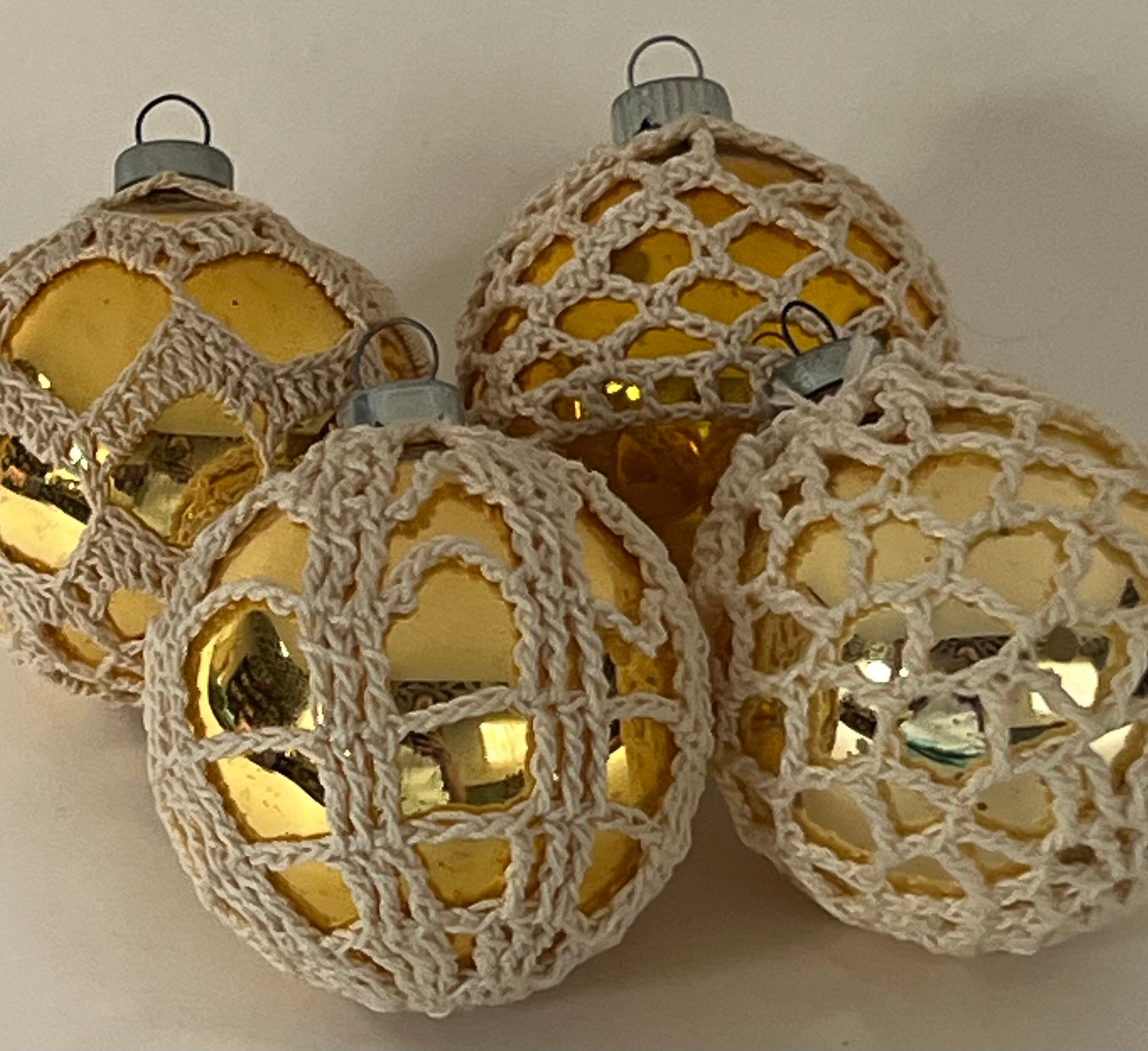 * vintage ornament ♧ *  よつ葉のクローバー オーナメント Vtg Lot of 4 Christmas Ornament Hand Crochet Shiny Brite
