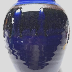 Puede incluir: Un jarrón de cerámica azul con un acabado brillante. El jarrón tiene un esmalte azul oscuro con acentos negros y blancos.