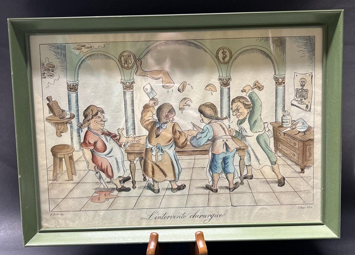 French Satirical Cartoon Litho P Folli Medical Humor L'intervento Chirurgicol