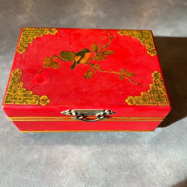 Old Chinese Lacquer Red Painted Jewelry Box Trinket Footed Hinged Blossom Bird