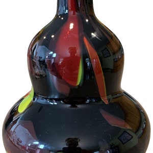 Vintage Murano Art Glass Style Tutti Frutti Vase Black Squat Double Gourd Shape