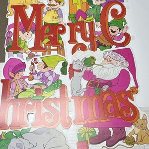 Vintage Lot of 4 Christmas Santa Die Cut Cardboard Merry Christmas Banner Elves