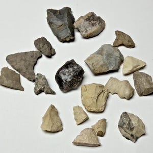 May include: A collection of various stone fragments and knapped flint pieces in shades of gray, tan, beige, and black. The assortment includes irregularly shaped rocks with sharp edges, textured surfaces, and pointed tips scattered across the frame.